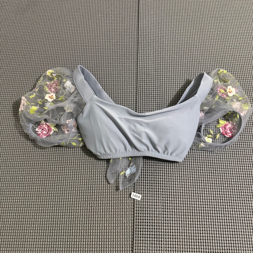 By Anthropologie Blue Floral Embroidered Puff Sleeve Bikini Top XS Top Only
